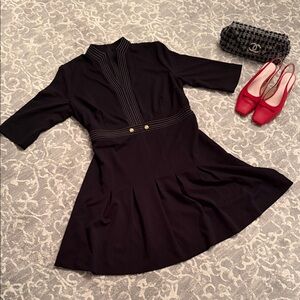 Ming Wang Black Short-Sleeve Fit-and-Flare Dress with Gold Accent Buttons